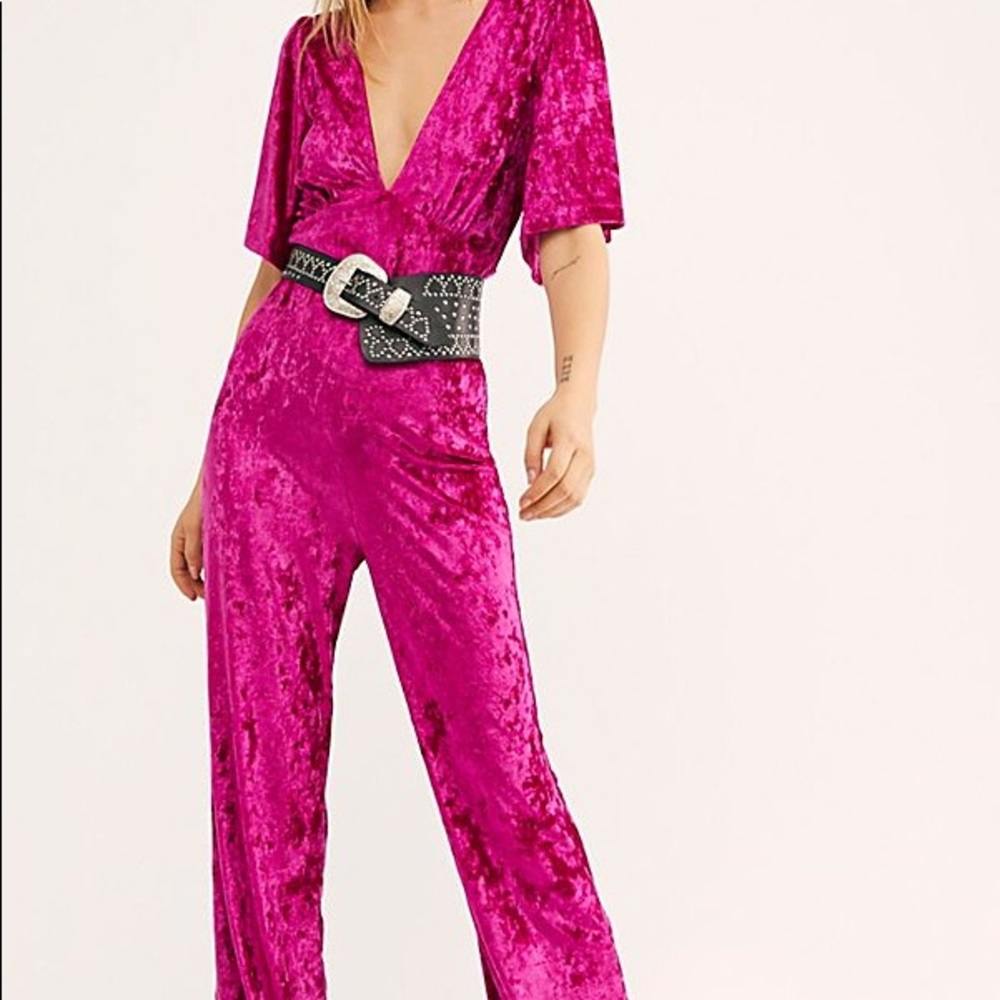 ✨FREE PEOPLE✨Night Fever Velvet Hot Pink Jumpsuit